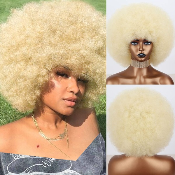 Xinran 70s Blonde Afro Wigs for Black Women, Beige Blonde Curly Afro Wigs Natural Looking, Large Bouncy Afro Wigs for Women