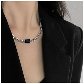 Cimenexe Bohemian Black Crystal Pendant Necklace Silver Curb Chain Necklace Black Square Choker Necklace CZ Chunky Link Chain Necklace Jewellery for Women and Girls Gifts