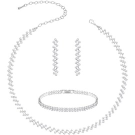 Paxuan Women Rhinestone Crystal Wedding Bridal Choker Necklace Earrings Bracelet Jewelry Sets (Style 1 - Silver Plated Choker Necklace Earrings(White))