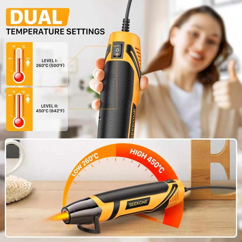 SEEKONE Mini Heat Gun, 350W 2-Temp Settings 500℉ & 842℉