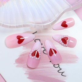 French Tip Press on Nails Almond Medium Red Love Heart Pearl False Nail with Design Charm Fake Nail Almond Shaped Acrylic Fingernails Full Cover Glossy Artificial Fingernails, Glue on Nails for Women
