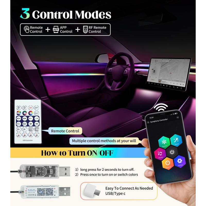 FIVAVA Ambient Lighting Car, LED Interior Lighting for Car with