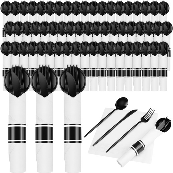 60 Pack Pre Rolled Black Plastic Silverware, Disposable Wrapped Cutlery