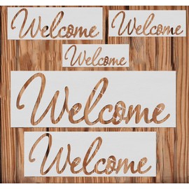 5PCS Welcome Stencils for Painting on Wood Wall Welcome Stencils Templates Reusable Plastic Stencil Set for for Crafts Canvas Furniture Wall Drawing Card Making Pattern Decor