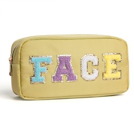 Glitter Chenille Letter Makeup Stuff Bag Glam Pouch, Small Preppy Patch Makeup Cosmetic Travel Zipper Bag for Women Girl, Valentines Day Gifts for her, Face -Beige