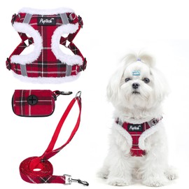 PUPTECK No Pull Dog Harness and Leash Set Reflective No Choke Step in Puppy Halter for XS Small and Medium Sized Dogs, Red Plaid, Plush, M