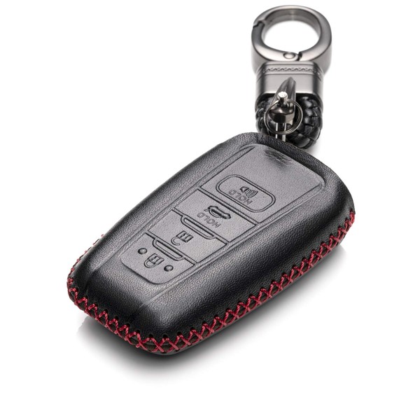 Vitodeco Genuine Leather Smart Key Fob Case Compatible with Toyota Rav4 2021, Camry 2022, Prius 2021, Highlander 2022, CH-R 2021, Avalon 2021, Toyota 86 2020, Mirai 2022 (4 Buttons, Black/Red)