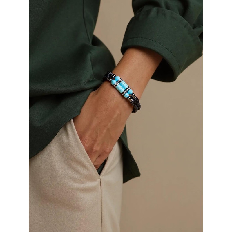 Mens Leather Turquoise Stone Bracelet–8.3" Braided Multi‑Layer Stainless Steel Clasp