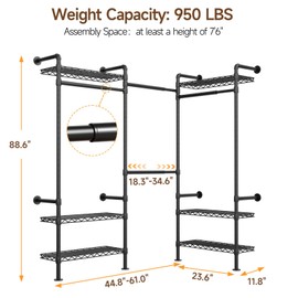 L3 Wall Mounted Closet System, Industrial Pipe Clothing Rack Clothes Racks with 6 Shelves & 2 Telescopic Rods, Heavy Duty Closet Organizers System in Wardrobe Closet, Black