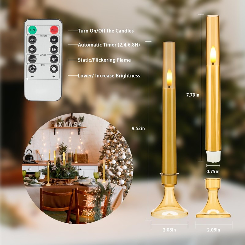 SEHNSY Gold Flameless LED Taper Candles with Remote and Timer,