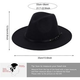 VANTOBEST Classic Fedora Hat, Wide Brim Pork Pie Hat, Two Tone Flat Hat, Panama Hat, Jazz Cap with Belt Buckle, for Men and Women, Black, 1, black
