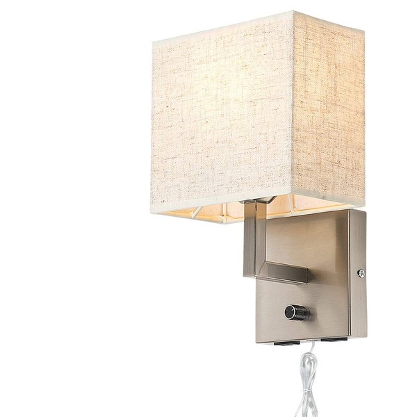 Bedside Wall Mount Light with Dimmer Switch and Two USB Charging Port,Fabric Linen Shade Wall Sconces Light with Plug in Cord and Satin Nickel Finish, Perfect for Bedroom, Living Room and Hotel