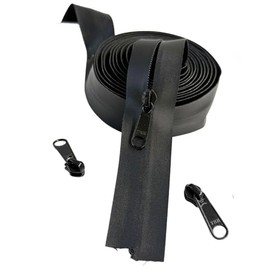 #5 YKK AquaGuard Water Resistant Coil Continuous Zipper Chain by The Yard Make-A-Zipper with Long Pull (Non Lock Slider) Color Black - Pick an Option (Black #580J, 1 Yards - 3 Sliders)