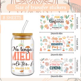 Rngmsi Bible Verse UV DTF Decals - 8 Sheets Spanish Inspirational UVDTF Wraps for 16 oz Glass Cups, Chrisitan Faith UV DTF Transfer Stickers, Waterproof Rub on Transfers for Water Bottle DIY Crafts
