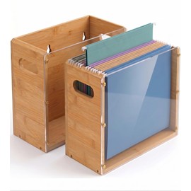 Poeuai 2 Pack Premium Thickened Bamboo Desktop Hanging File Organizer - Heavy Duty Portable Desk File Box with Handles, Sturdy Storage Crate for Letter Size Documents & Home Office