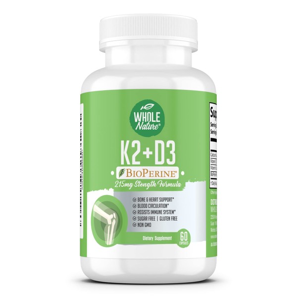 K2 D3 Vitamin Supplement with BioPerine - Vegan Calcium Supplements with Vitamins K and D - Advanced D3K2 VIT 5000 IU - 60 Vegan D3 Plus K2 MK-7 Complex Nutritional Capsules for Heart & Bone Health (1