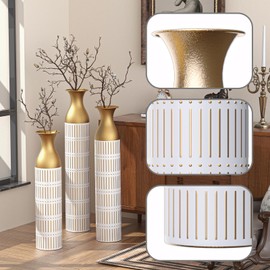 Large Floor Vases Set of 3, Modern Tall Vases for Floor, Gold Vases Home Decor for Pampas Grass, Metal Decorative Vase for Living Room, Big Metallic Centerpiece Vases for Corner, Bedroom (White)