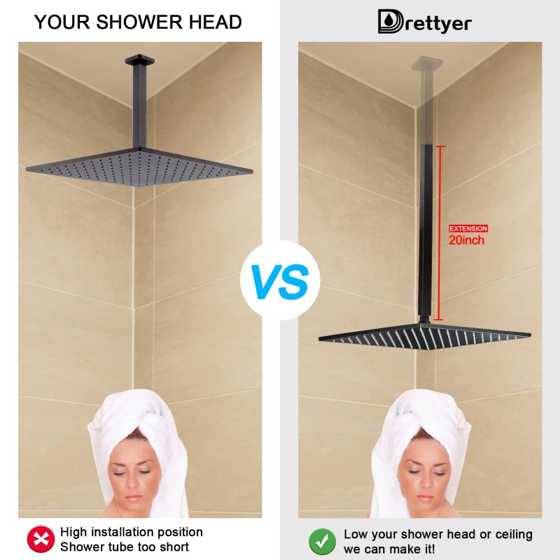 Easy Install Square Ceiling Shower Arm, Chrome Plated Adjustable Pipe