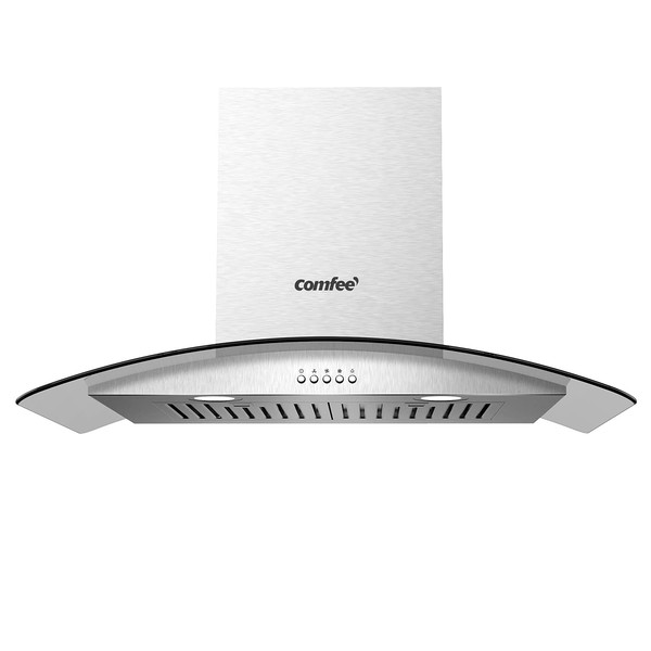 Comfee CVG30W8AST 30 Inches Ducted Wall Mount Vent Range Hood with 450 CFM 3 Speed Exhaust Fan, Baffle Filters, Curved Glass, 2 LED Lights, Convertible to Ductless, Stainless Steel