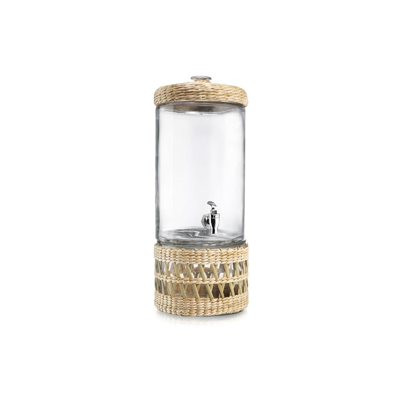 Merveille Glass Beverage Dispenser with Rattan Wrap, 2 Gallon Capacity,
