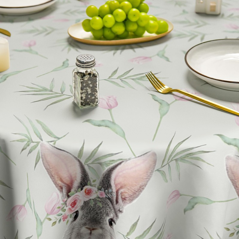 Horaldaily Easter Tablecloth 70×70 Inch Round, Flowers Bunny Buffalo Plaid
