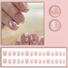 White French Tip Press on Nails Medium Short Square Fake Nails with White Flower Design Cute Coffin Pink False Nails Spring Floral Glue on Nails Acrylic Artificial Stick on Nails for Women 24Pcs