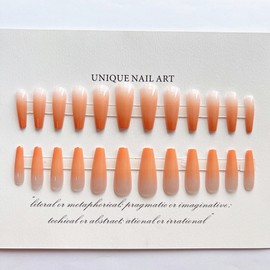 MERVF Coffin Press on Nails Long Fake Nails Orange French Tip Ballerina Glue on Nails with Ombre Design Artificial Acrylic Nails Glossy 24pcs False Nails Press ons