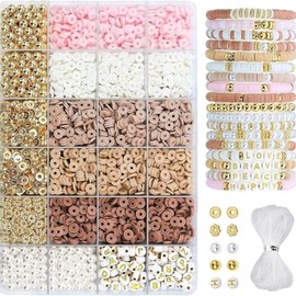 Polymer Clay Beads Kit for DIY Jewelry – with Elastic Cord, Spacer Beads, Colorful Flat Heishi Beads – Ideal for Bracelet & Necklace Making (Camel Pink White 24)