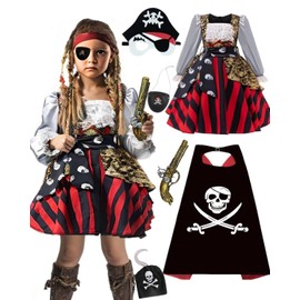 Pirate Costume Girls Pirate Costume Children with Pirate Skirt Eye Patch Pirate Belt Pirate Gun Pirate Cape Pirate Mask Pirate Hook Carnival Party Costume Children (120 cm)