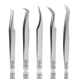 Pinzas para pestañas de acero inoxidable, 5 unidades, color plateado