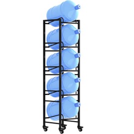 5 Gallon Water Jug Holder, Movable 5 Tier Heavy Duty Water Rack with 4 Wheels, Rack for Water Jug Storage, Space Saving Water Stand for Five 5 Gallon Water Jugs, Black