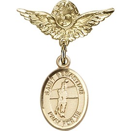 Gold Filled Baby Badge with St. Sebastian/Volleyball Charm and Angel w/Wings Badge Pin 1 X 3/4 inches