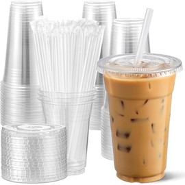 AOZITA 100 Pack 20 oz Disposable Plastic Cups with Lids and Straws, Clear Iced Coffee Cups for Cold Beverages, Smoothies, Iced Coffee, Leak-Proof, BPA-Free