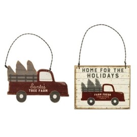 Red Farm Truck Christmas Ornaments Set, Vintage Farmhouse Primitive Decor - Home for the Holidays & Santa's Tree Farm by Christmas Market Ornaments (2 Wood Pieces)
