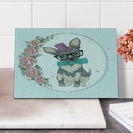 Lunarable Animals Cutting Board, Vintage Design Animal Dog Puppy Art Design Floral Heart Flowers, Decorative Tempered Glass Cutting and Serving Board, Small Size, Pale Blue Pale Pink