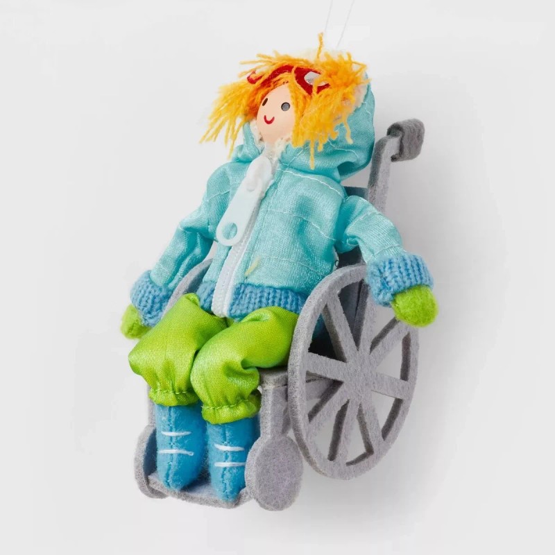New ! Fabric Child Wearing Blue Jacket in Wheelchair Christmas