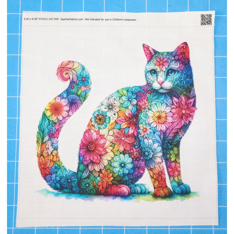 Fabric Panel 8"x8" Floral Cat 100% Cotton Quilting Sewing Block