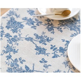 Wracra Cotton Linen Vintage rectangle Tablecloth Pastoral Floral Rustic Table Cloth Washable Table Cover for Indoor&Outdoor,Farmhouse Decor,Picnic,Tabletop Decoration(Blue Floral, 55"×87")