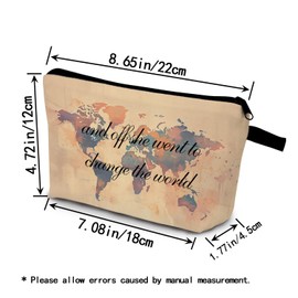 YULUENZE World Map Makeup Bag Vintage Travel Organizer Bag Toiletry Zipper Pouch And Off She Went To Change The World Cosmetic Bag Birthday Graduation Travel Present for Women Friends Sisters