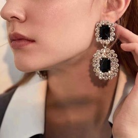 Women's Crystal Rectangle Dangle Drop Earrings Rhinestone Geometric Statement Dangling Earring Fashion Jewelry for Gold