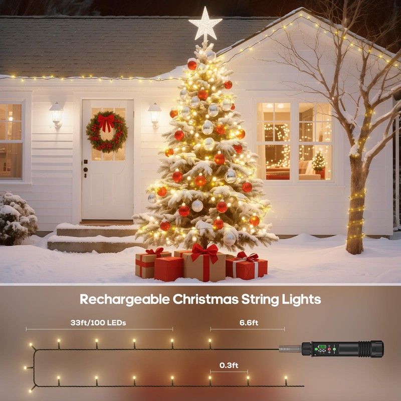 Soiarllt Rechargeable String Lights, 2-Pack Total 66ft 200LED Rechargeable Fairy