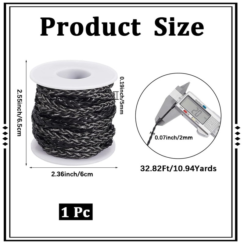 CALFOVERA 10.94 Yard 5MM Flat Braided Leather Cord Woven Black