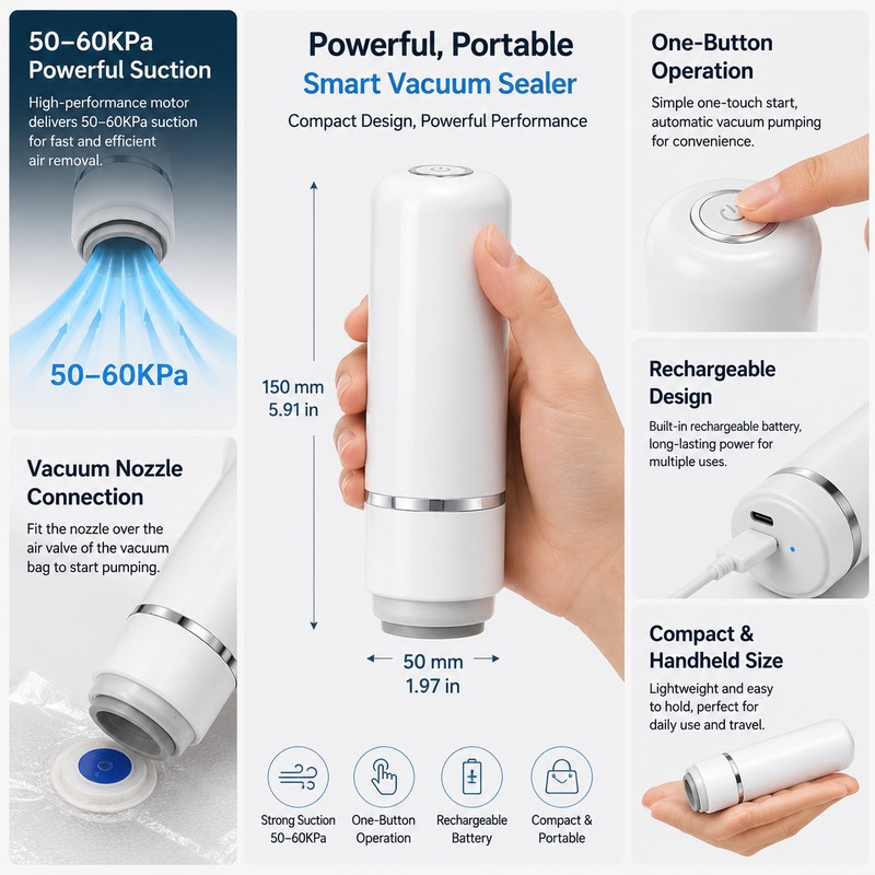 Mini Electric Vacuum Sealer Pump for Food Storage – 50–60KPa