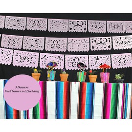 Mexican Banner Flags Light Pink Papel Picado Over 60 feet Long, Pastel Pink Tissue Paper Garland Decorations for All Occasions, Weddings, Quinceaneras, Birthdays, Fiesta Party Supplies WS2000