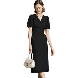 CyperRiver Women's Lace Floral V-Neck Dress with Puff Sleeves and Back Zipper, Elegant and Romantic Design, Black