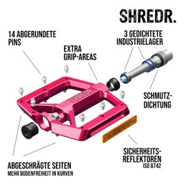 SHREDR. Shine Pedals for MTB | High Quality Flat Pedals for Mountain Bike | With Reflectors (StVZO Compliant) (Pink, M)