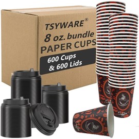 Tsyware 600 Pack of Disposable Hot Paper Coffee Cups with Lids, Perfect For Hot/Cold Drinks, Tea, Coffee, Coffee Shops, Cafe, Bars, Office, Restaurant, (8oz, Coffee Bean Design), Small, 8OZ500CL