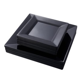 N9R 60 Pack Black Square Plastic Plates - include 30pcs Dinner Plates 9.5’’ and 30pcs Square Disposable Dessert/Salad Plates 6.5’’ - Perfect for Party Wedding