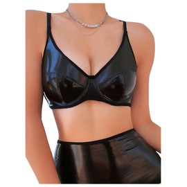 SHENHE Women's PU Faux Leather Push Up Brassieres Spaghetti Strap Underwire Bras, Black, Large