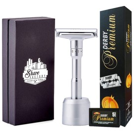 The Shave Factory Adjustable Safety Razor with Double Edge Safety Razor Blades | Traditional Shaving Set for Wet Shaving Enthusiasts (100 Derby Premium Razor Blades, Platinum)